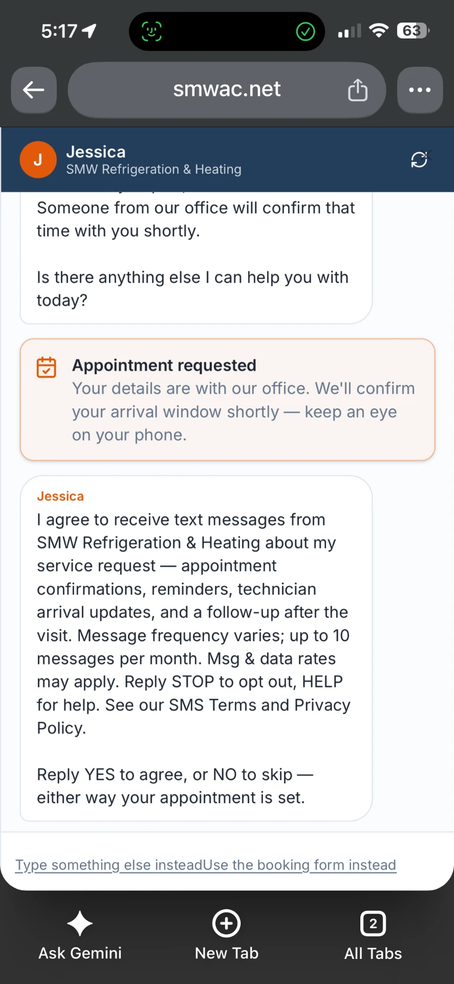 Booking conversation on smwac.net showing the SMS consent statement and a request to reply YES to agree or NO to skip