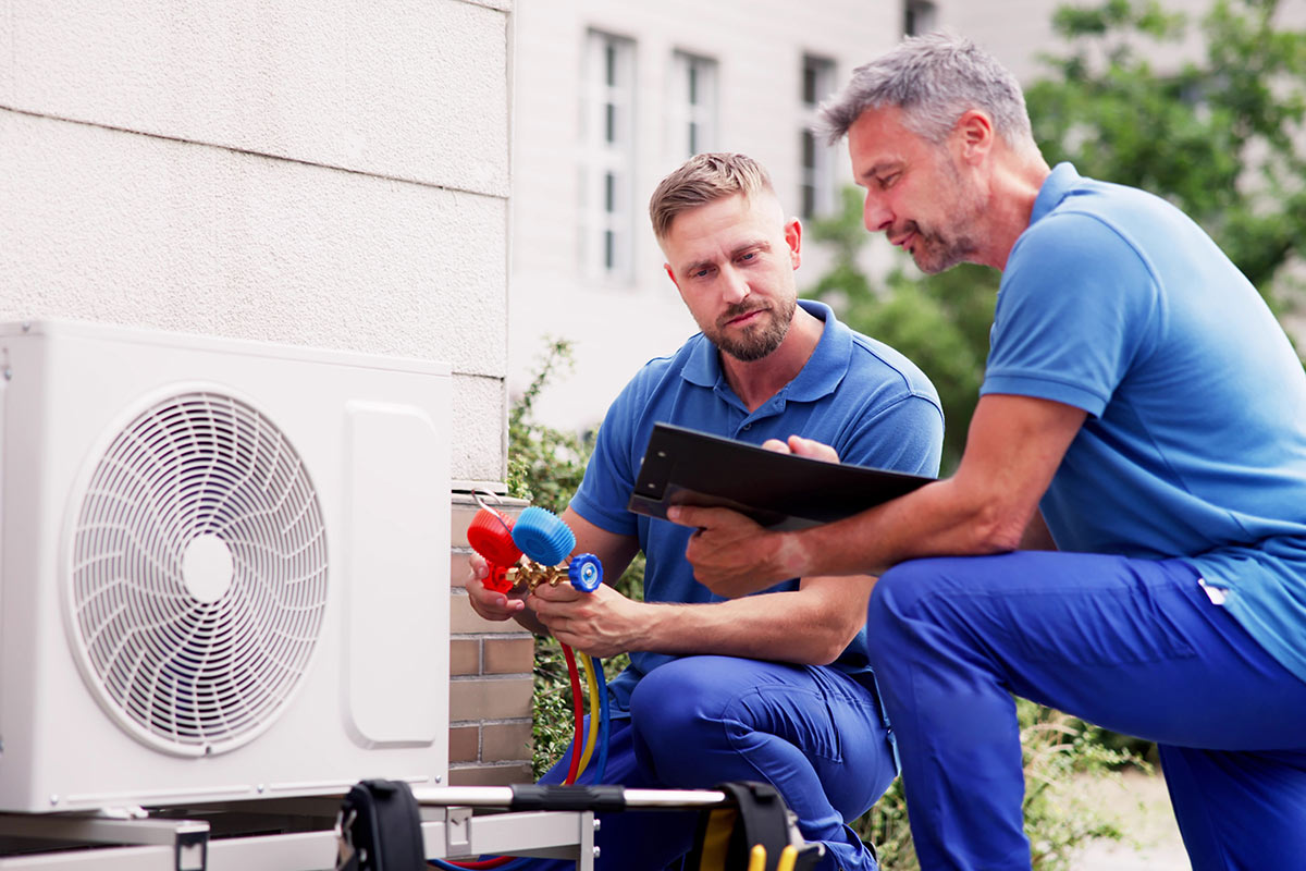 Two techs working on a unit